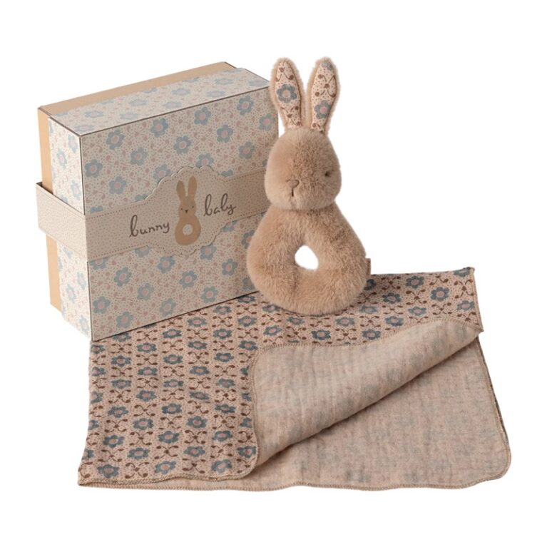 Bunny Rattle &#038; Cloth Set In Cream Peach By Maileg