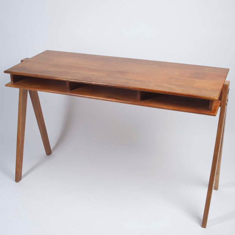 Mid Century Style Wooden Desk With Open Shelves