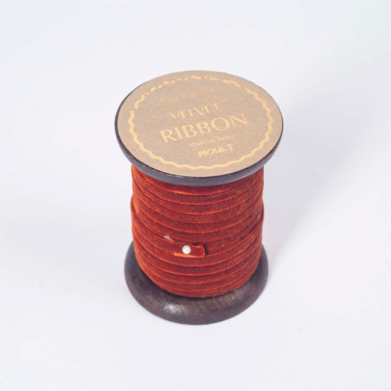 Reel Of Velvet Ribbon On Wooden Spool In Burnt Orange 10M