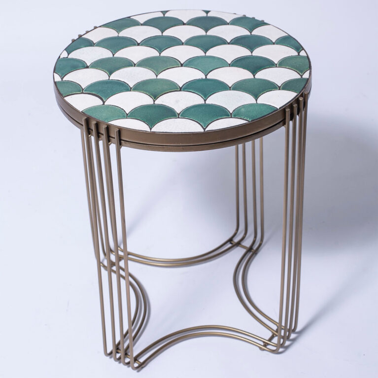 Side Table With Fish Scale Tiles &#038; Brass Frame