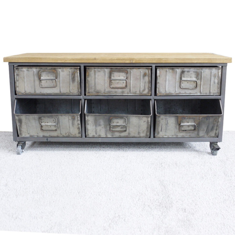 Industrial Metal &#038; Wood Cabinet On Wheels With 6 Drawers