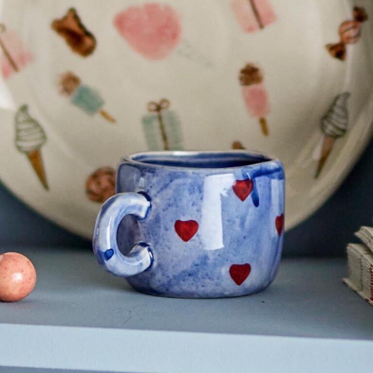 Children&#8217;s Hand-painted Stoneware Mug In Heart Print