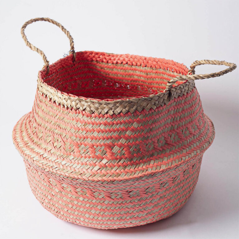 Large Round Seagrass Basket With Handles In Coral