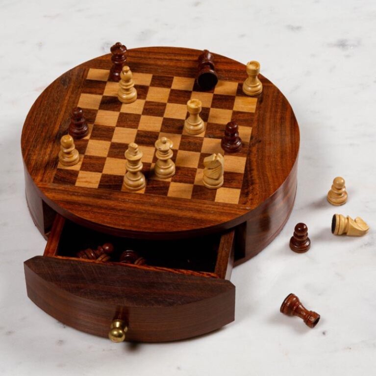 Circular Wooden Chess Board With Storage Drawer