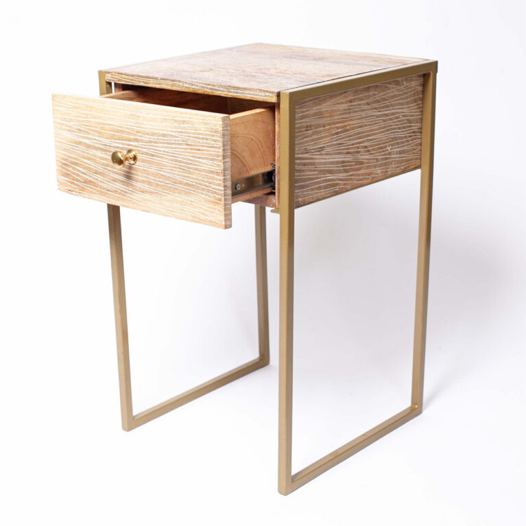 Light Wooden Bedside Table With Brass Frame &#038; Drawer