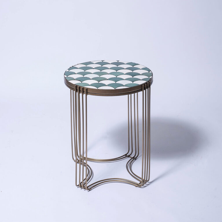 Side Table With Fish Scale Tiles &#038; Brass Frame