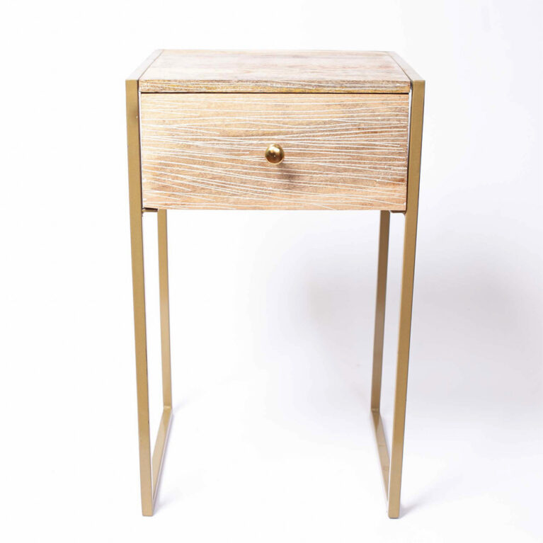 Light Wooden Bedside Table With Brass Frame &#038; Drawer