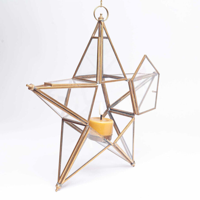 Large Glass Star Hanging Decoration In Antique Brass