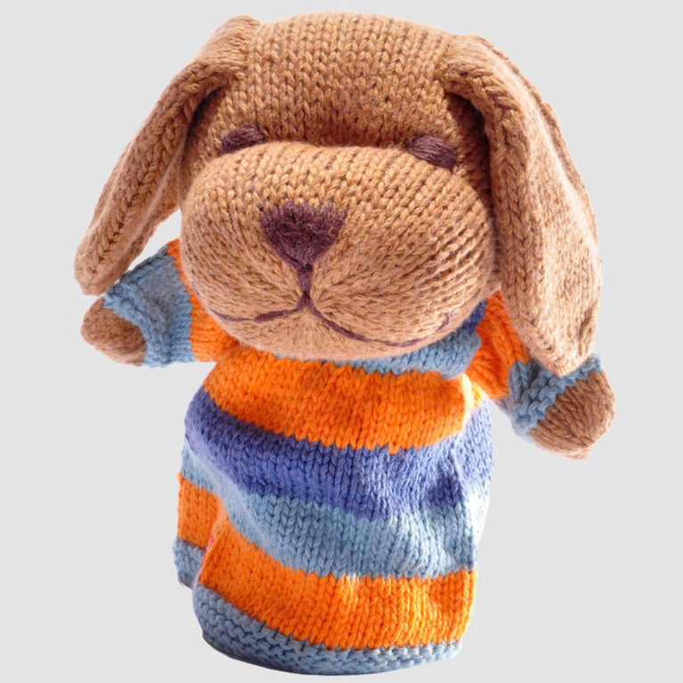 DOG Blue Stripe Hand Knitted Glove Puppet Organic Cotton