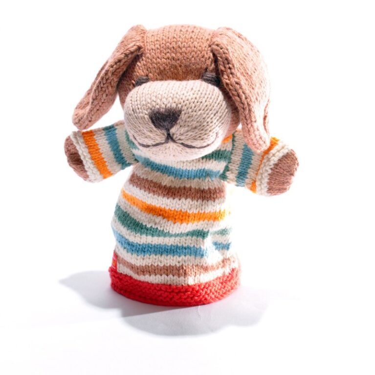 Dog With White Stripe &#8211; Hand Knitted Glove Puppet Organic Cotton